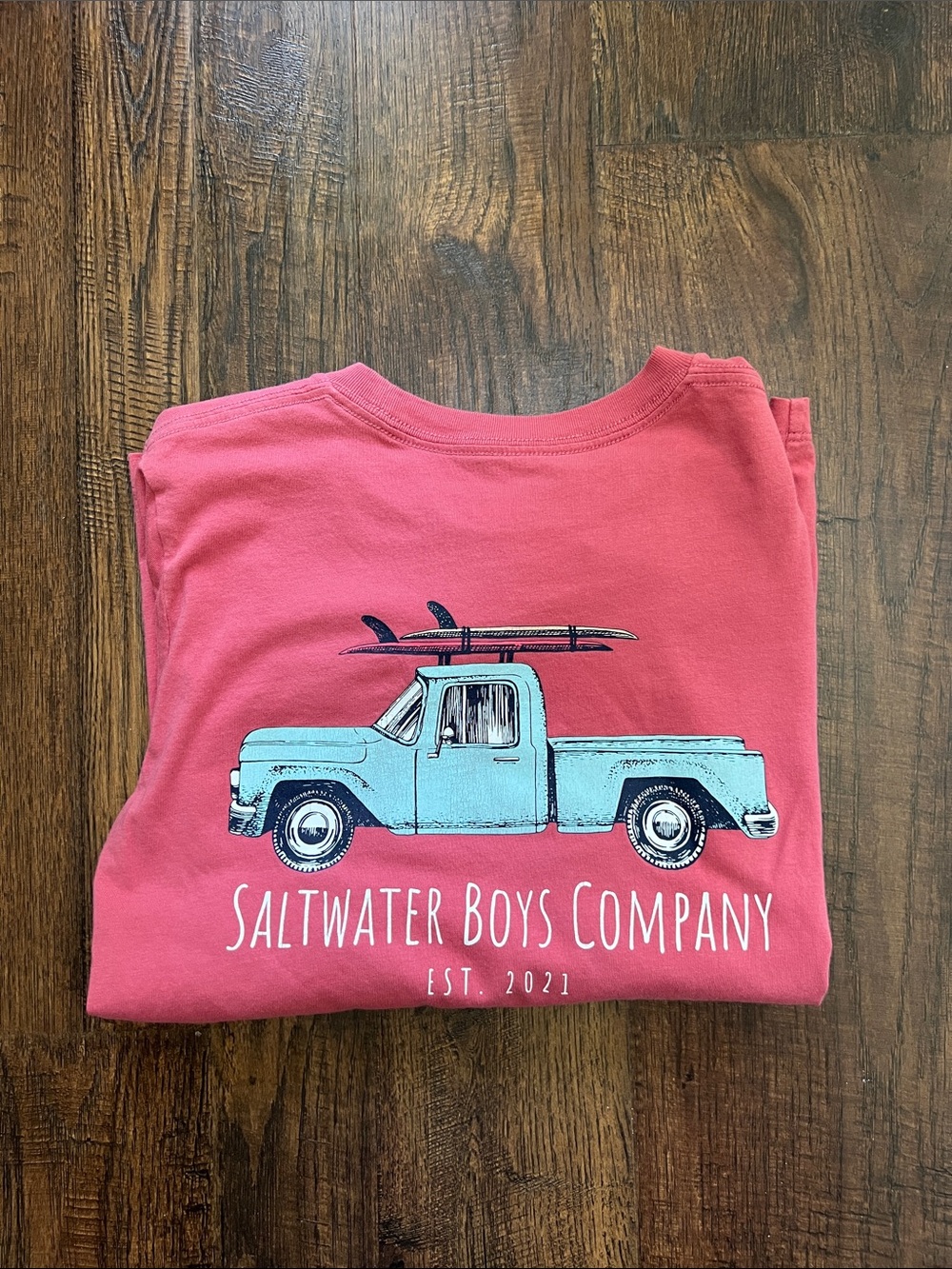 Saltwater Boys Company Vintage Red Tee with Surf Truck Graphic